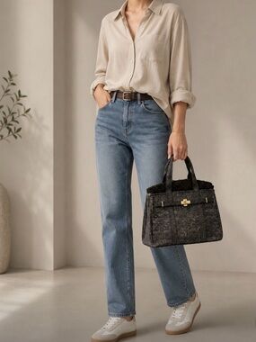 Boatkin Black Denim with Rhinestone Canvas Tote Bag~ Solid Color Carryall